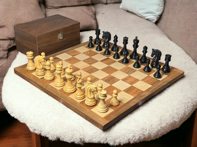 Imperial Boxwood Ebonised Chess Pieces, 20" Acacia Board & Vinyl Box - Official Staunton™ 