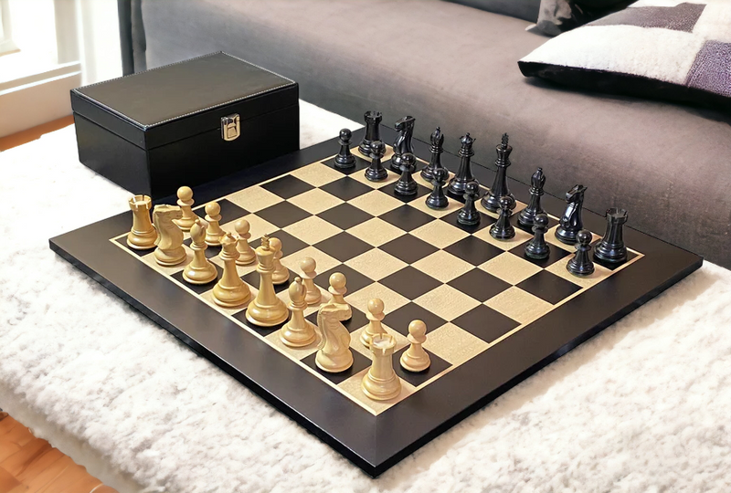 Old English Black Pieces, 20" Standard Anegre Chessboard & Vinyl Box - Official Staunton™ 