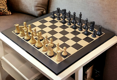 Old English Black Pieces, 20" Standard Anegre Chessboard & Vinyl Box - Official Staunton™ 