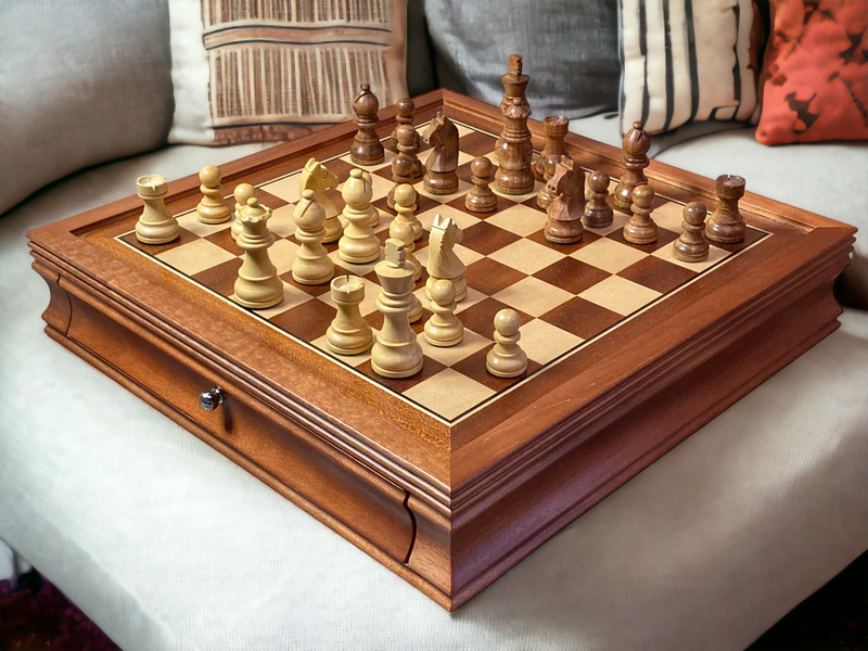 15" Mahogany Drawer Chess Set with Classic Acacia Chess Pieces - Official Staunton™ 