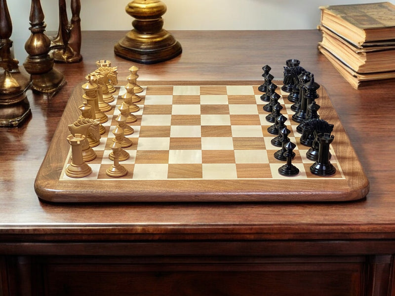 Mark Antony Ebony Chessmen and 21" Acacia Rounded Chessboard - Official Staunton™ 