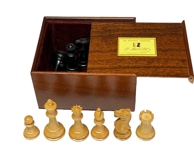 Old English Boxwood and Black Chess Pieces & Slide Box - Official Staunton™ 