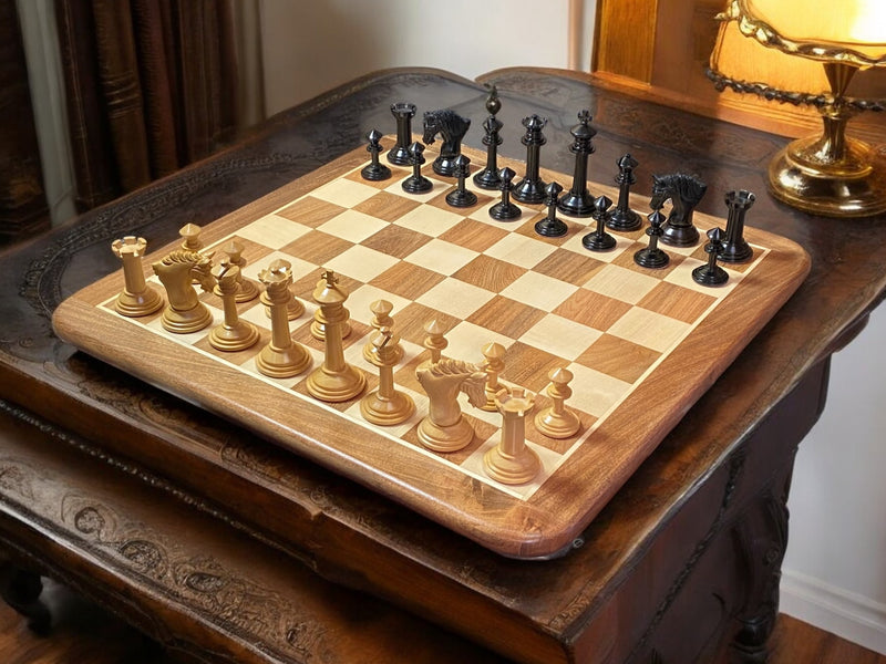 Mark Antony Ebony Chessmen and 21" Acacia Rounded Chessboard - Official Staunton™ 