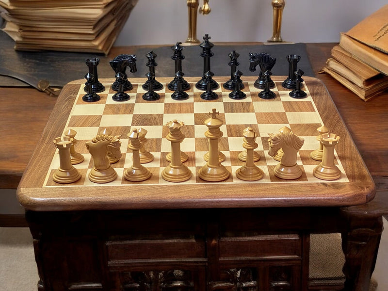 Mark Antony Ebony Chessmen and 21" Acacia Rounded Chessboard - Official Staunton™ 
