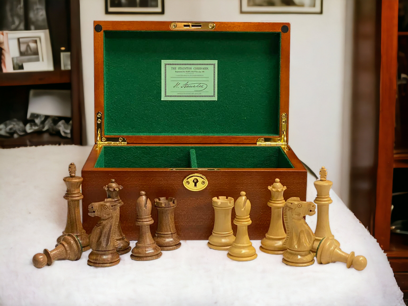 1925 Old English Staunton Acacia Chess Pieces & Mahogany Box - Official Staunton™ 