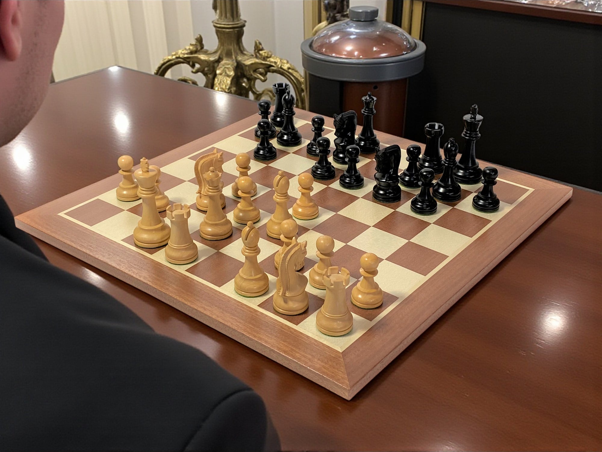 Leningrad Black Chess Pieces, Mahogany Chess Board & Box