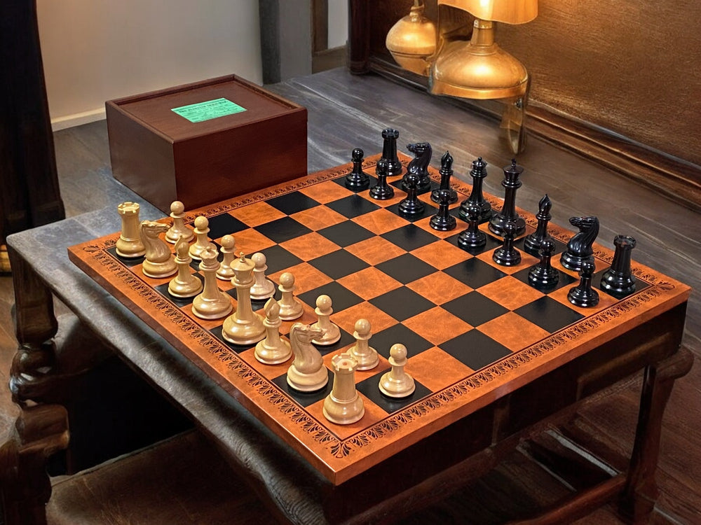 1850 3.5" Chessmen, Antique Brown Rexene Board and Mhogany Slide top Box