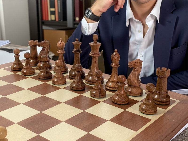 Acacia Winchester Chess Pieces, Mahogany Chessboard & Box