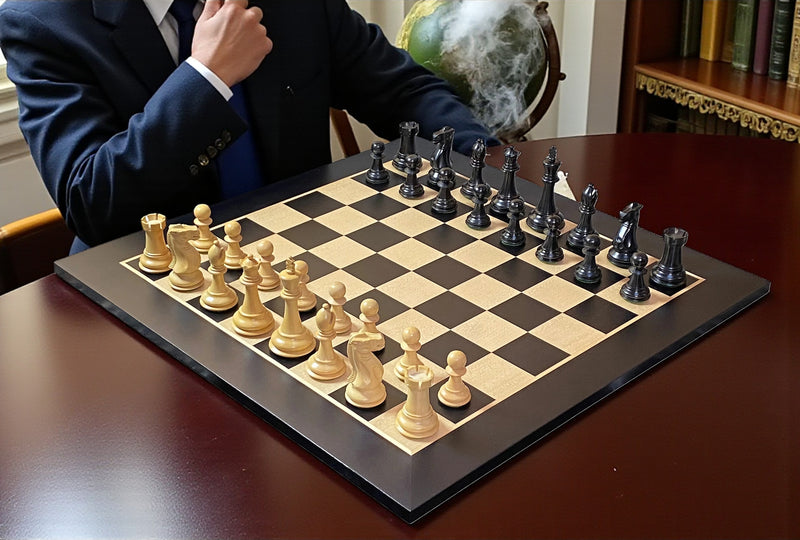 Old English Black Pieces, 20" Standard Anegre Chessboard & Vinyl Box
