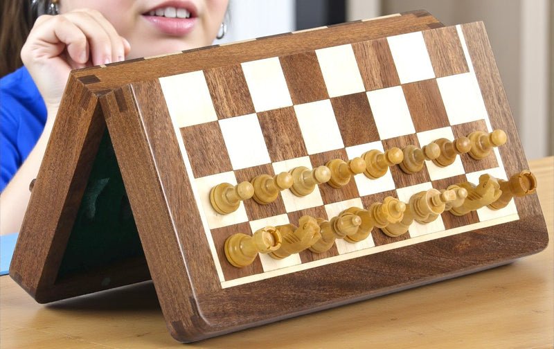 14" Hand Made Acacia Magnetic Folding Chess Set