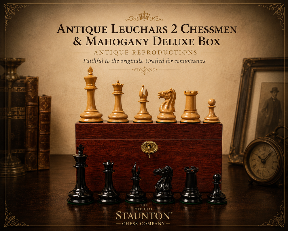 Antique Leuchars 2 Chessmen - Mahogany Deluxe Box