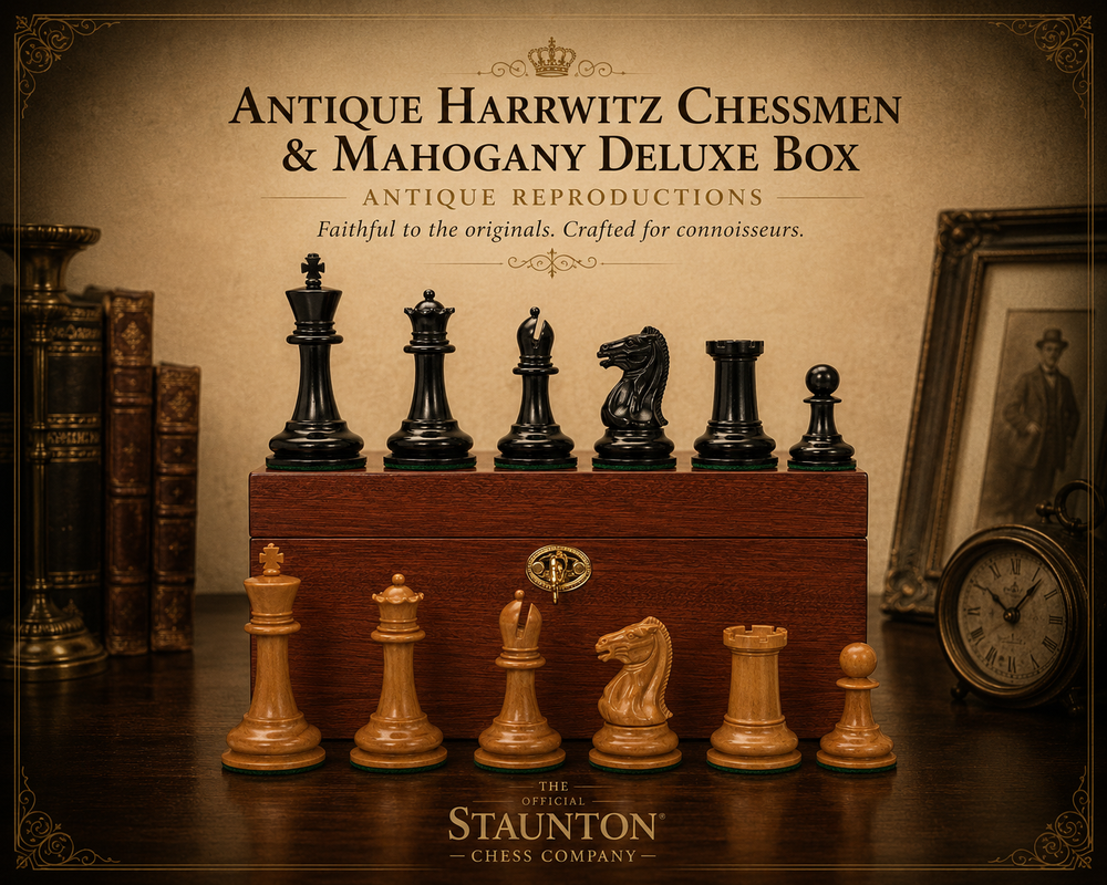 Antique Harrwitz Chessmen and Mahogany Deluxe Box