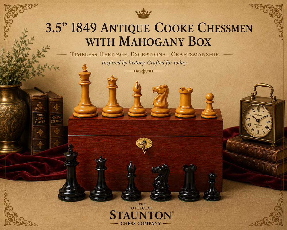 3.5" 1849 Antique Cooke Chessmen with Mahogany Box