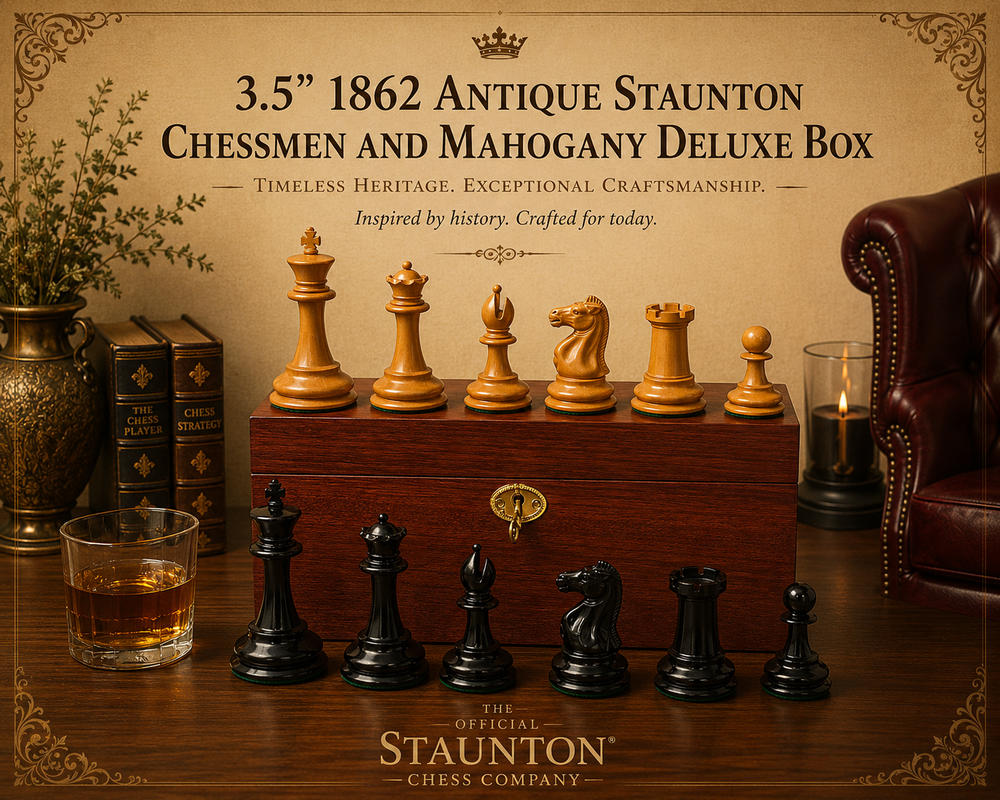 3.5" 1862 Antique Staunton Chessmen and Mahogany Deluxe Box