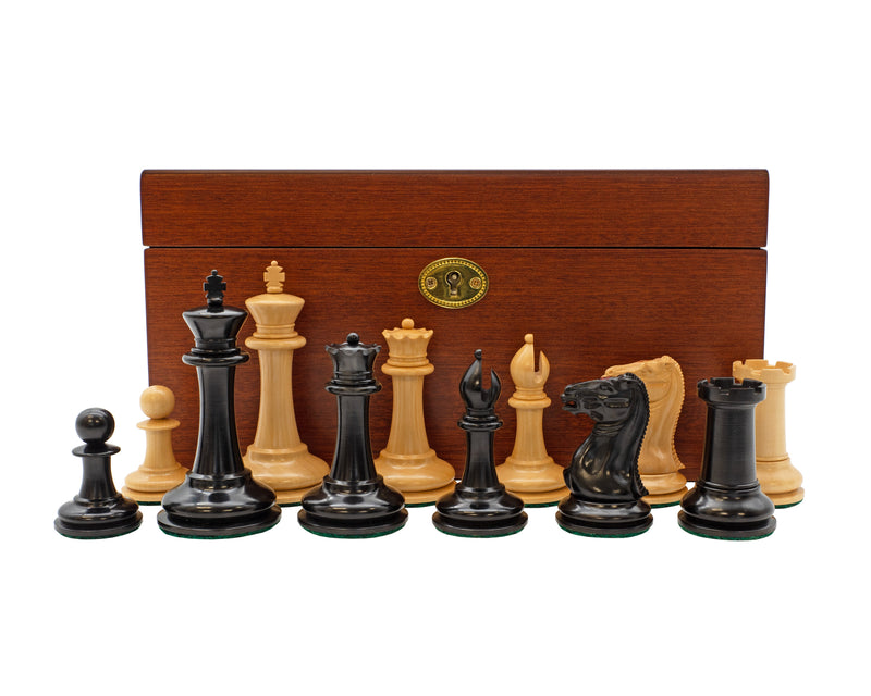 3.5" Cooke Reproduction Chess Pieces, Antiqued Chessboard, Mahogany Hinged Box