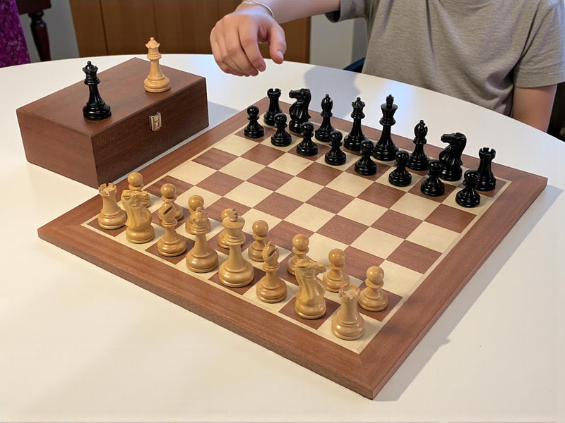 Stallion Black Chess Pieces, 19" Mahogany Chess Board & Mahogany Box