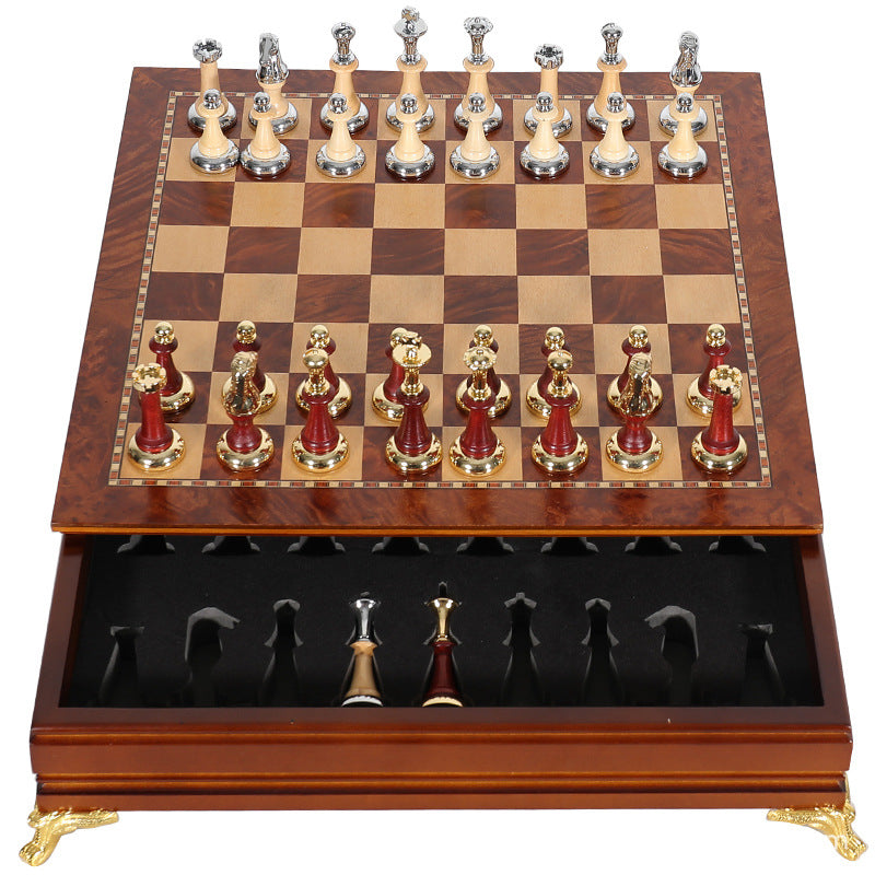 Metal Chess Set with Wooden Burl Pattern Board