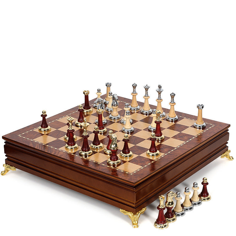Metal Chess Set with Wooden Burl Pattern Board