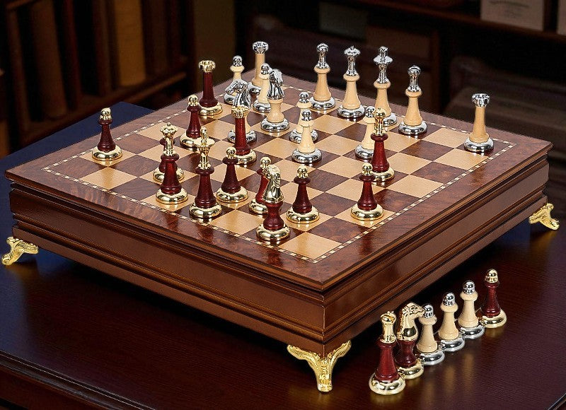 Metal Chess Set with Wooden Burl Pattern Board