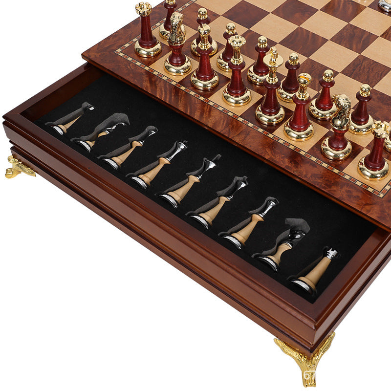 Metal Chess Set with Wooden Burl Pattern Board
