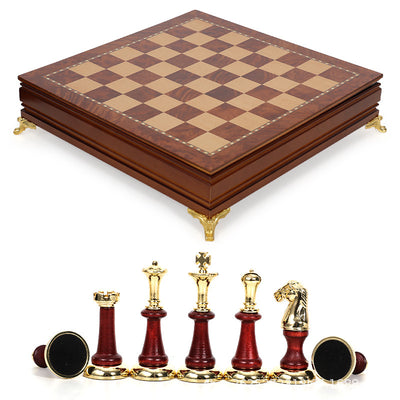 Metal Chess Set with Wooden Burl Pattern Board