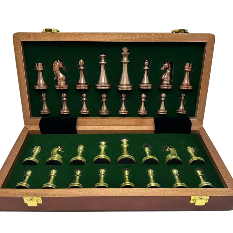 12-Inch Folding Wooden Chess Set with Metal Staunton Pieces