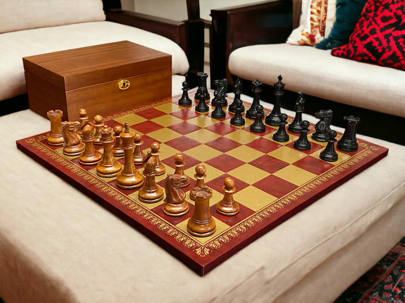 Antique Paulsen Chess Pieces, Italian Vinyl Chessboard & Mahogany Box - Official Staunton™ 