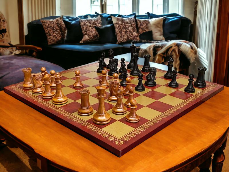 Antique Paulsen Chess Pieces, Italian Vinyl Chessboard & Mahogany Box - Official Staunton™ 