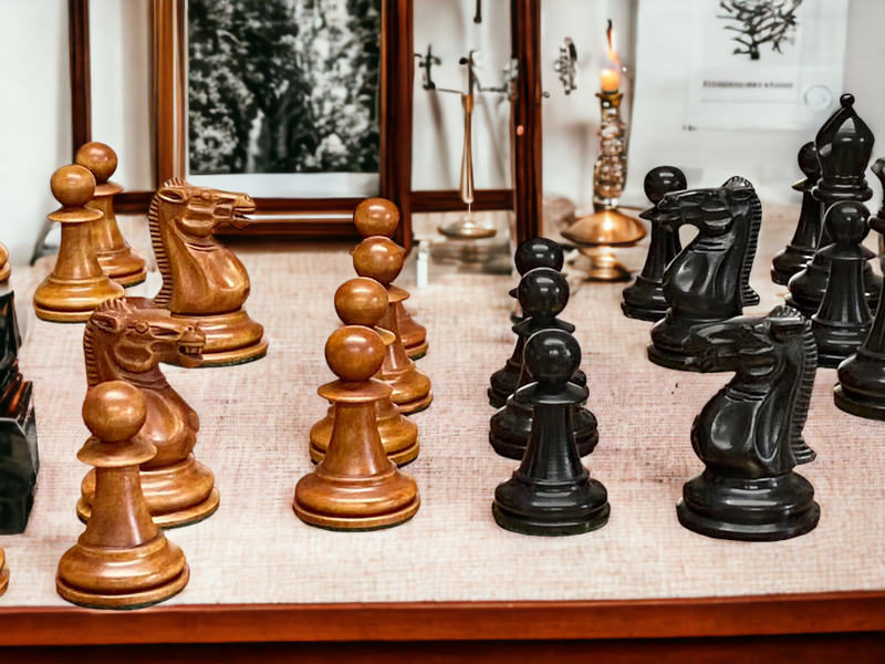 Antique Paulsen Chess Pieces, Italian Vinyl Chessboard & Mahogany Box - Official Staunton™ 