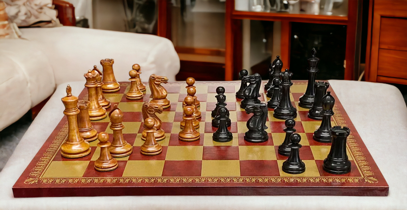 Antique Paulsen Chess Pieces, Italian Vinyl Chessboard & Mahogany Box - Official Staunton™ 