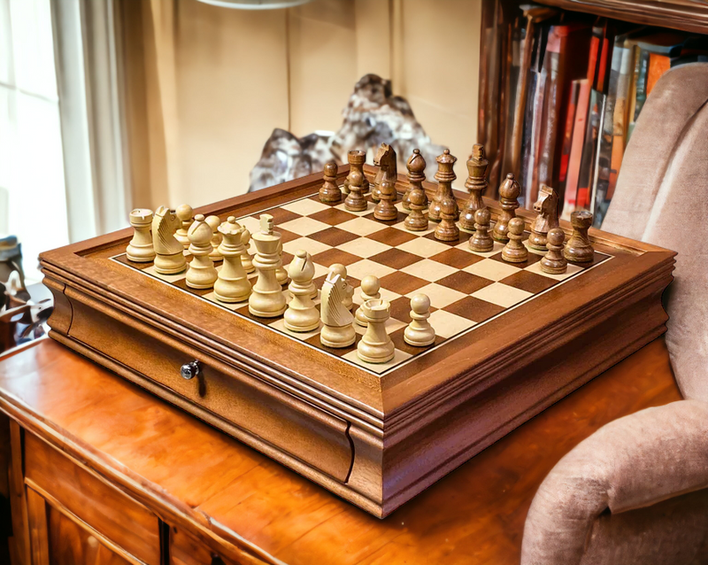 15" Mahogany Drawer Chess Set with Classic Acacia Chess Pieces - Official Staunton™ 