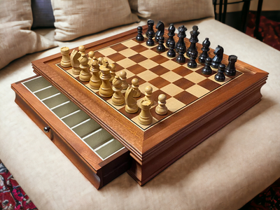 15" Mahogany Drawer Chess Set with Classic Black Chess Pieces - Official Staunton™ 