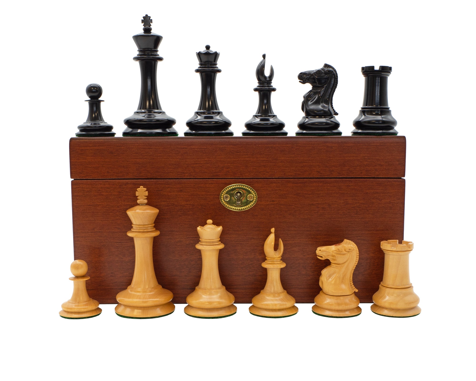 Leuchars Cooke Chessmen and Mahogany Hinged Box
