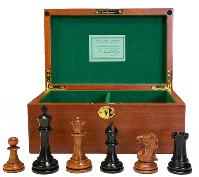 Antique Paulsen Chess Pieces, Italian Vinyl Chessboard & Mahogany Box - Official Staunton™ 