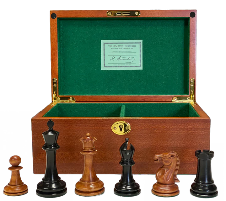 Antique Paulsen Chess Pieces, Italian Vinyl Chessboard & Mahogany Box - Official Staunton™ 