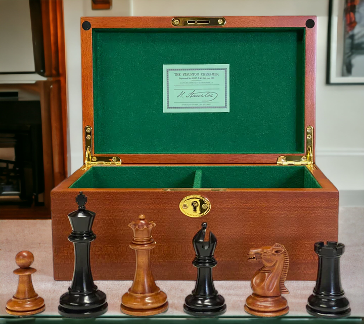 Antique Paulsen Chess Pieces, Italian Vinyl Chessboard & Mahogany Box - Official Staunton™ 