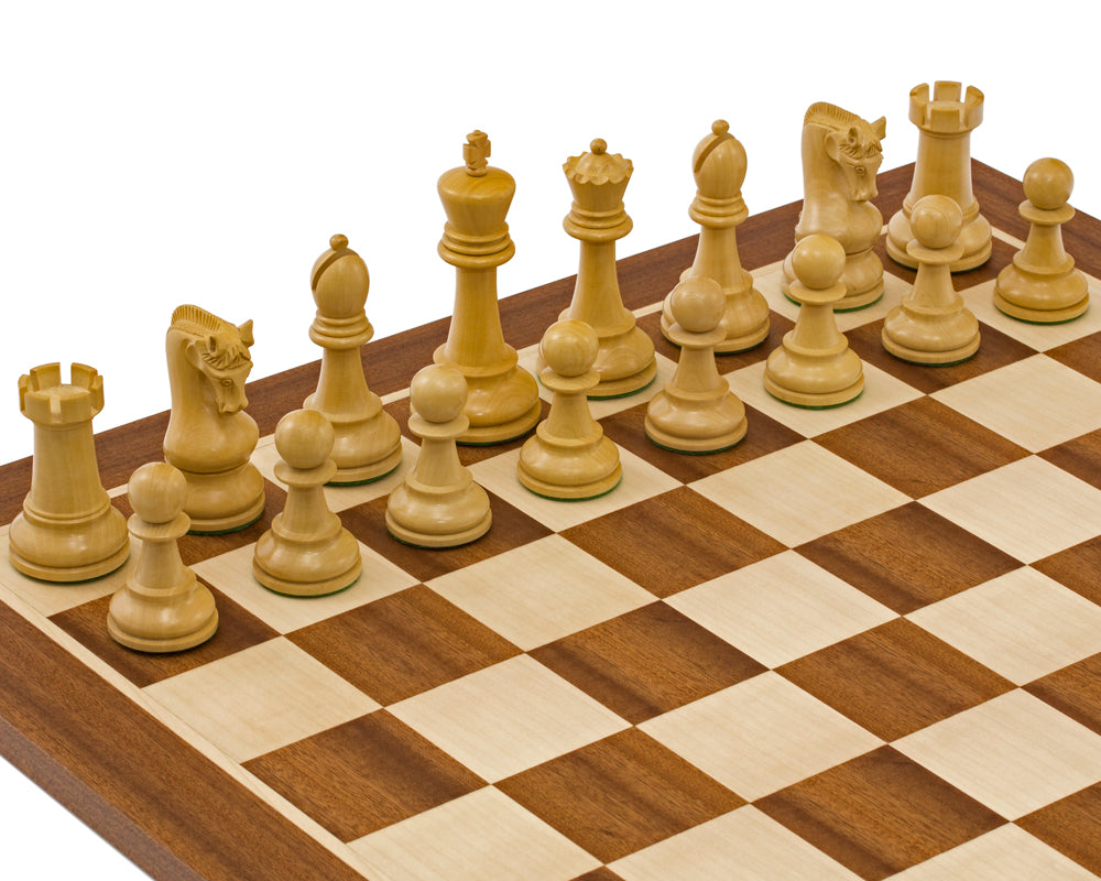 Natural Leningrad-style chessmen arranged on a mahogany and maple board