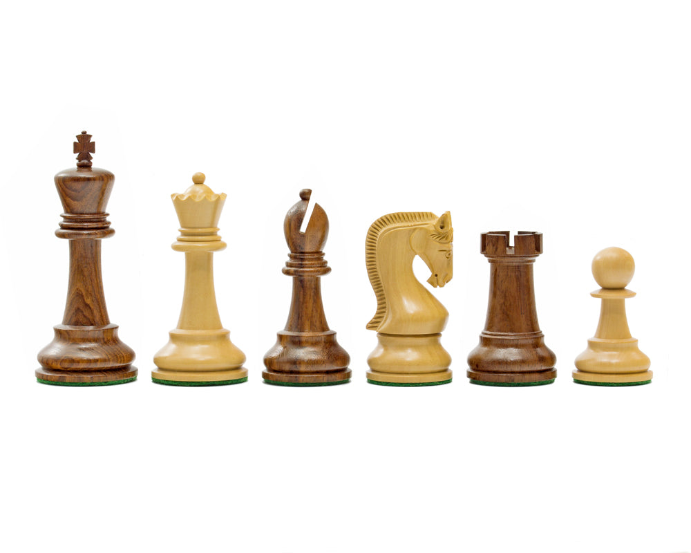 Leningrad-style king queen bishop knight rook and pawn displayed in profile