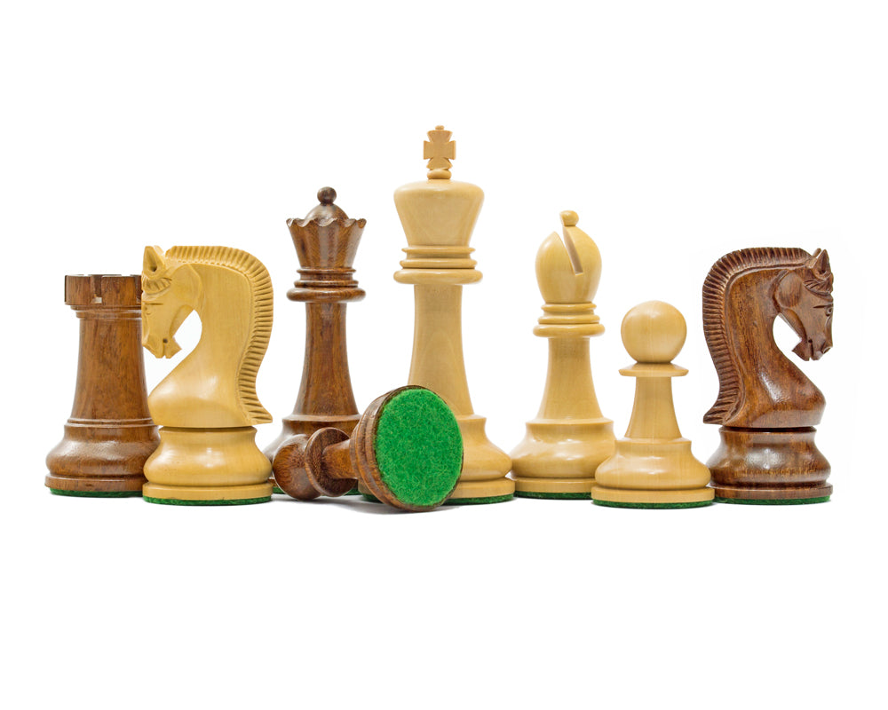 Complete acacia and boxwood Leningrad-style chessmen arranged as a group
