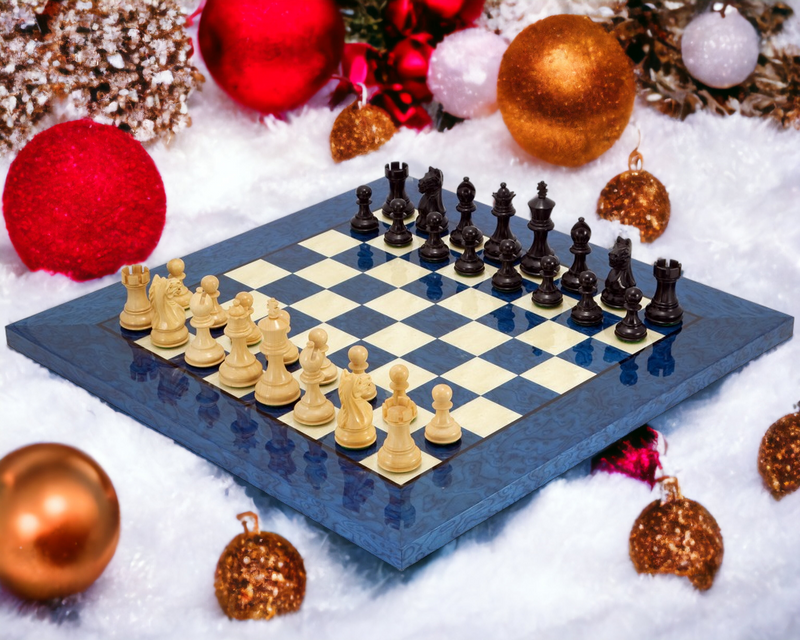Black Fierce Knight Chessmen and Italian Blue Erable Chess Board - Official Staunton™ 