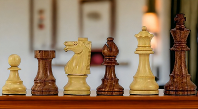 British Acacia Mahogany Chess Set & Burl Root Box - Official Staunton™ 