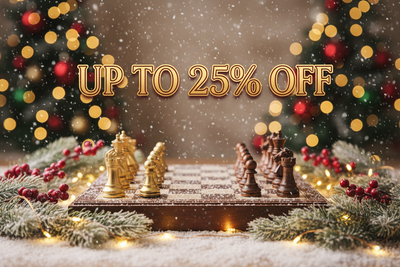 christmas up to 25% sale image with a chess set as a featured product in snow and christmas themed 