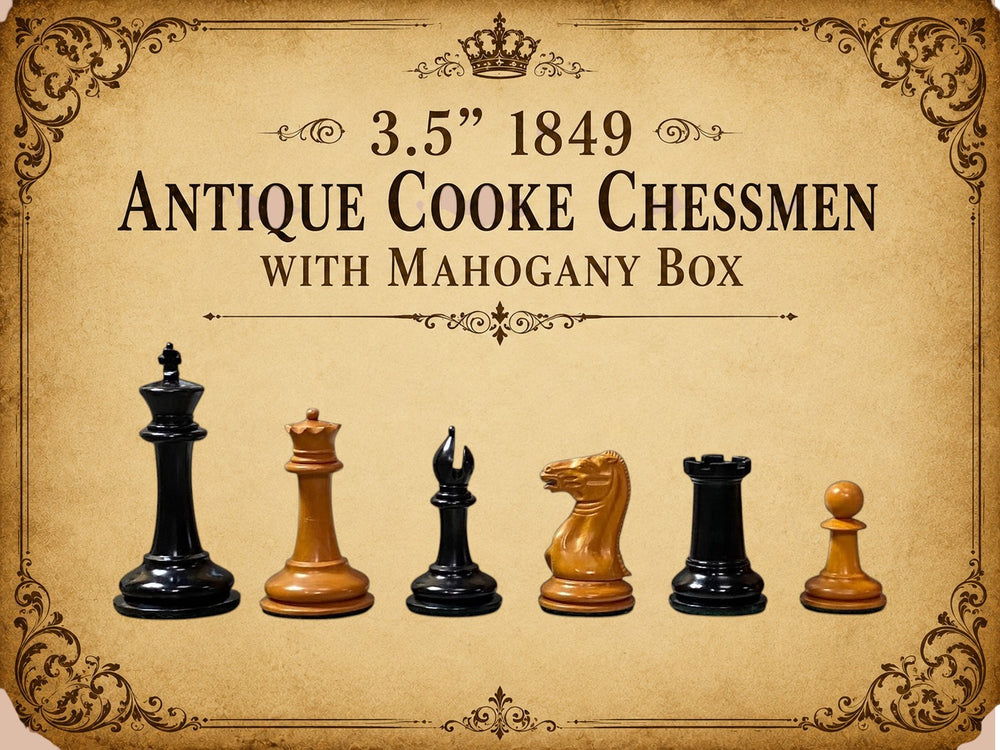 3.5" 1849 Antique Cooke Chessmen with Mahogany Box
