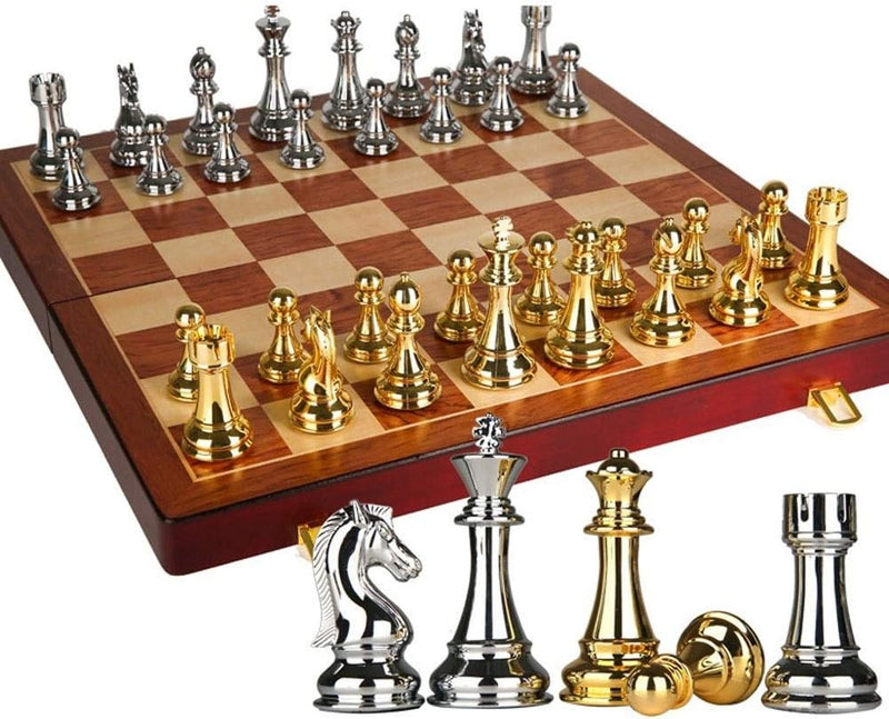 12-Inch Folding Wooden Chess Set with Metal Staunton Pieces