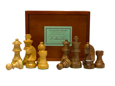 Acacia Club Classic Chessmen & Slide Lid Box - Official Staunton™ 