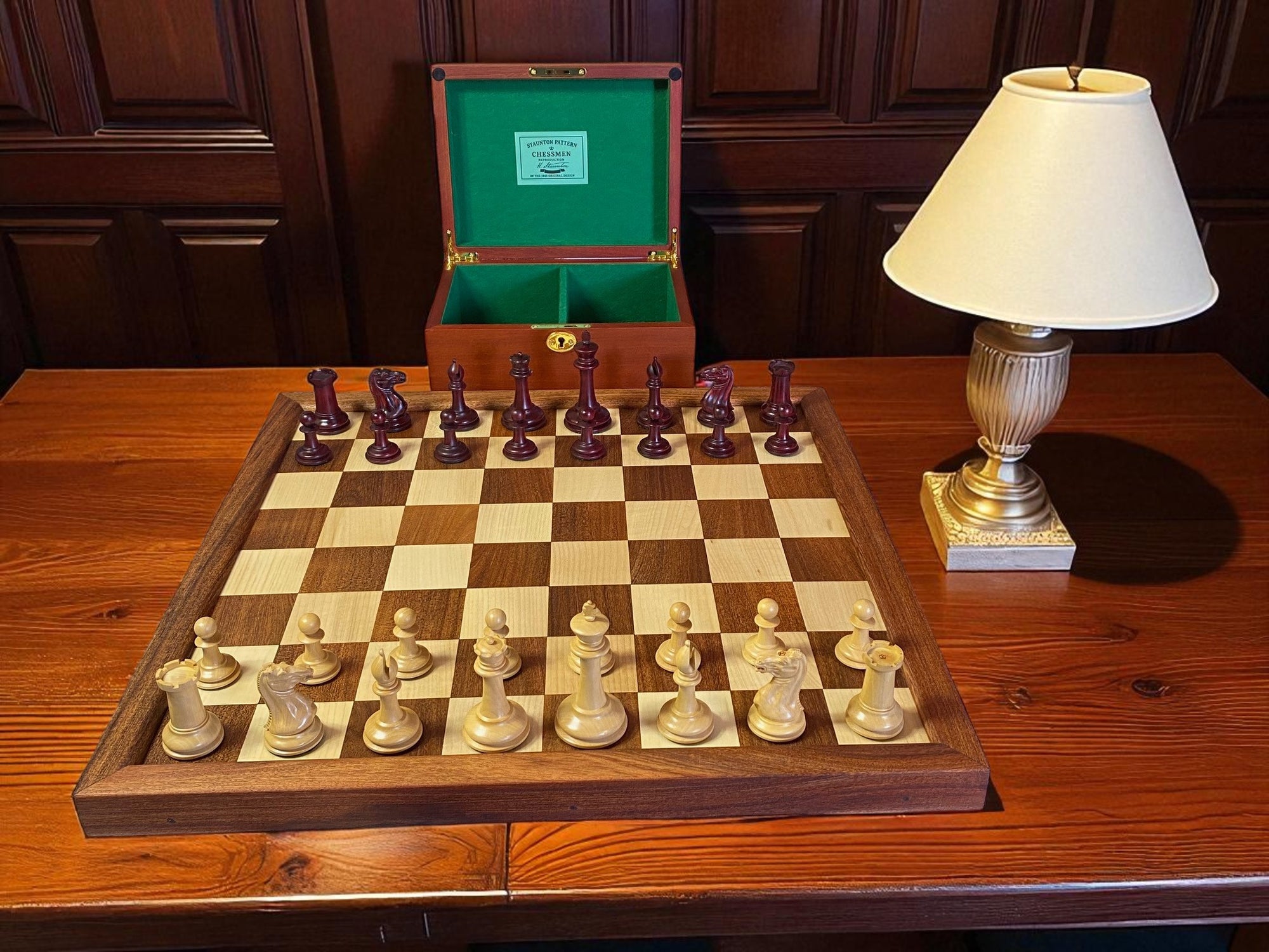 3.5" Cooke Claret Chessmen Mahogany Frame Chessboard and Hinge Box