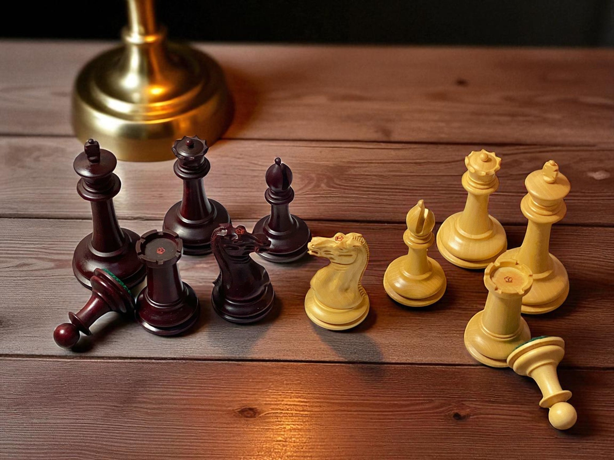 Cooke 3.5" Claret Boxwood Chess Set with Mahogany & Maple Deluxe Board and Vinyl Box