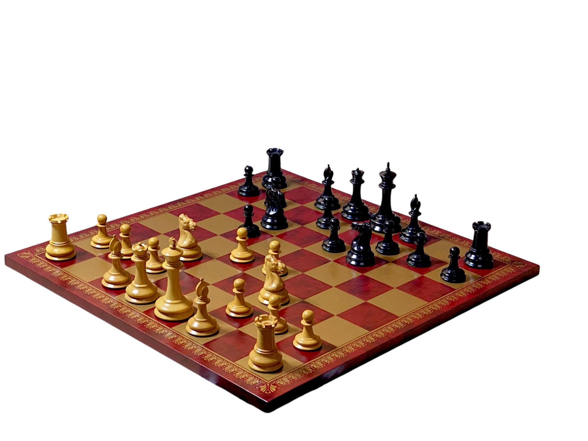 3.5" Leuchars  2- Chessmen 18" Italian Claret Chess Board, Mahogany Hinge Top Box