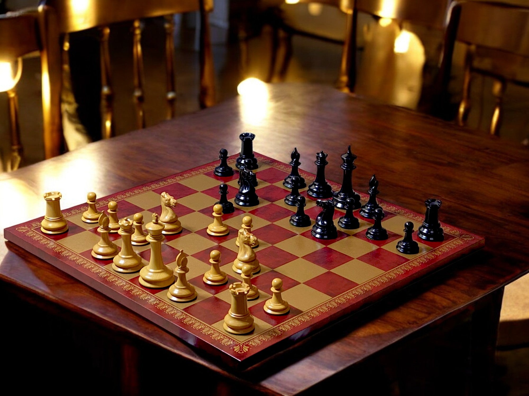 3.5" Leuchars  2- Chessmen 18" Italian Claret Chess Board, Mahogany Hinge Top Box