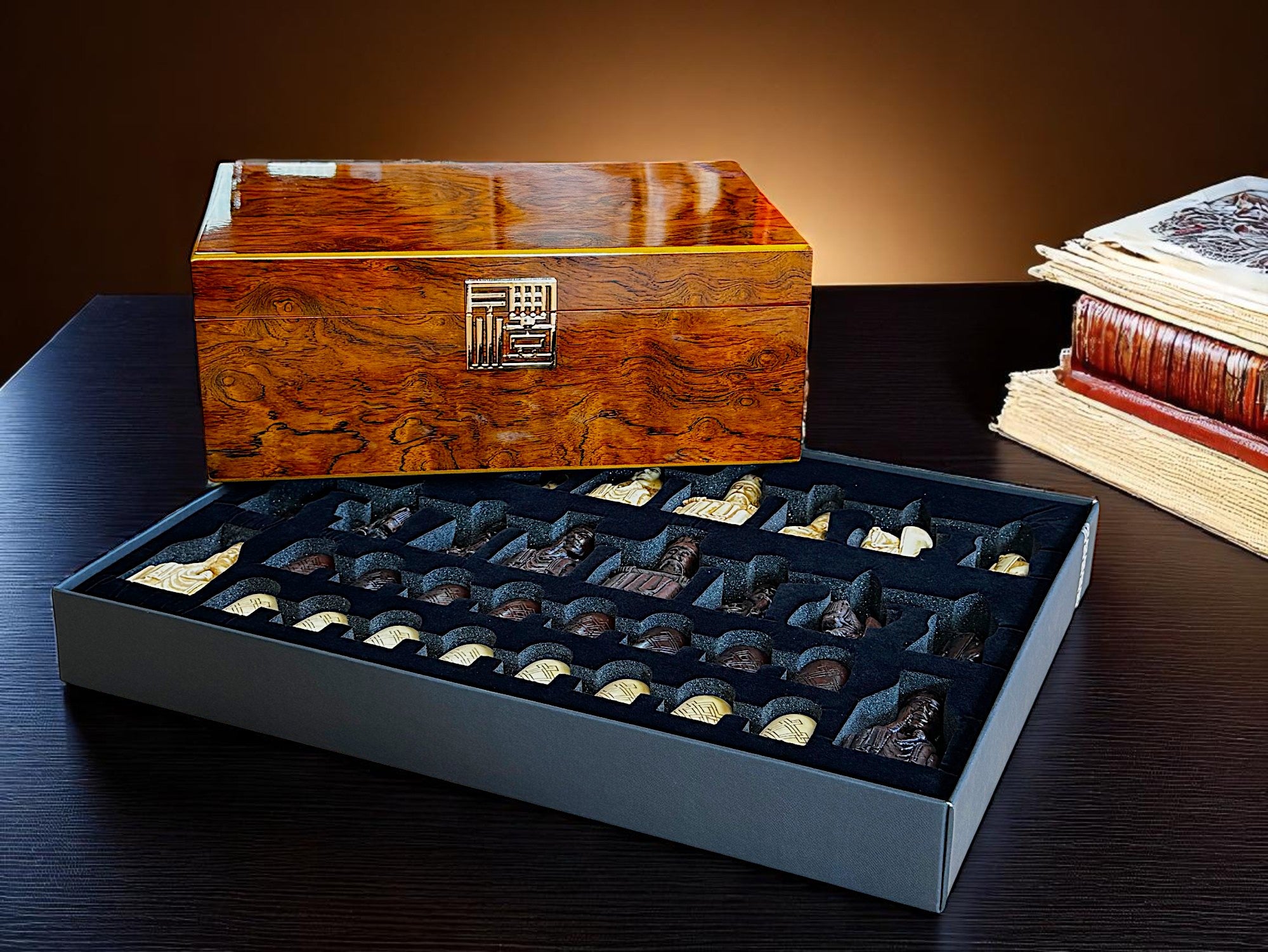 Isle of Lewis Chess Set with Deluxe Walnut Burlroot Storage Box